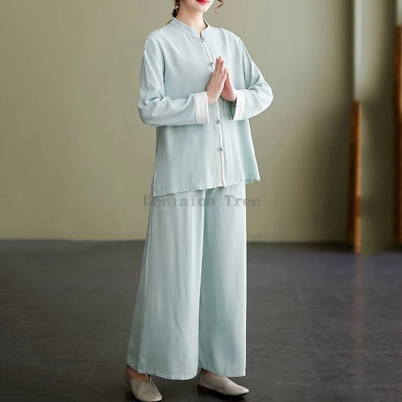 2026 cotton and linen yoga two-piece set chinese retro casual women loose yoga long sleeve practice clothes and zen tea clothes