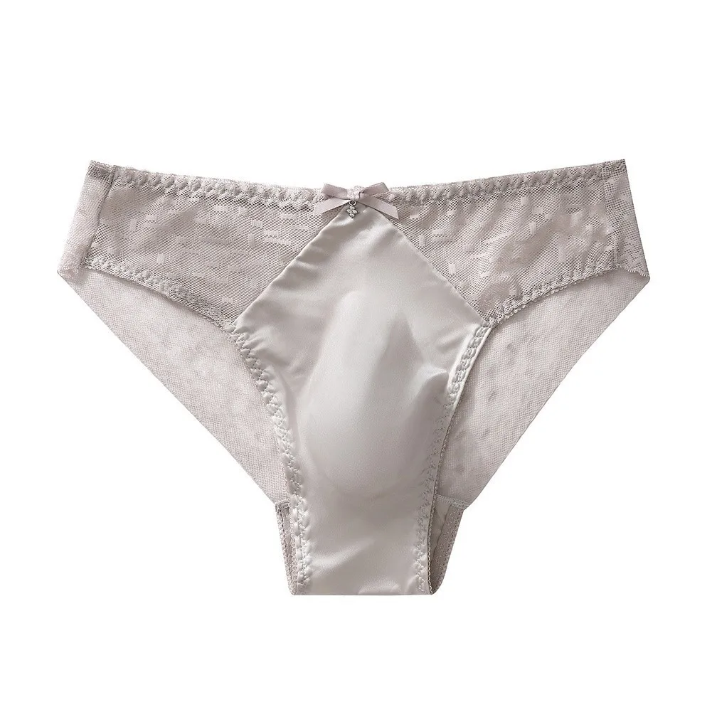 Men Satin Lace Briefs Underwear 3D Bulge Pouch Solid Elastic Underpants Panties  Gays Erotic Daily Intimate Underpants