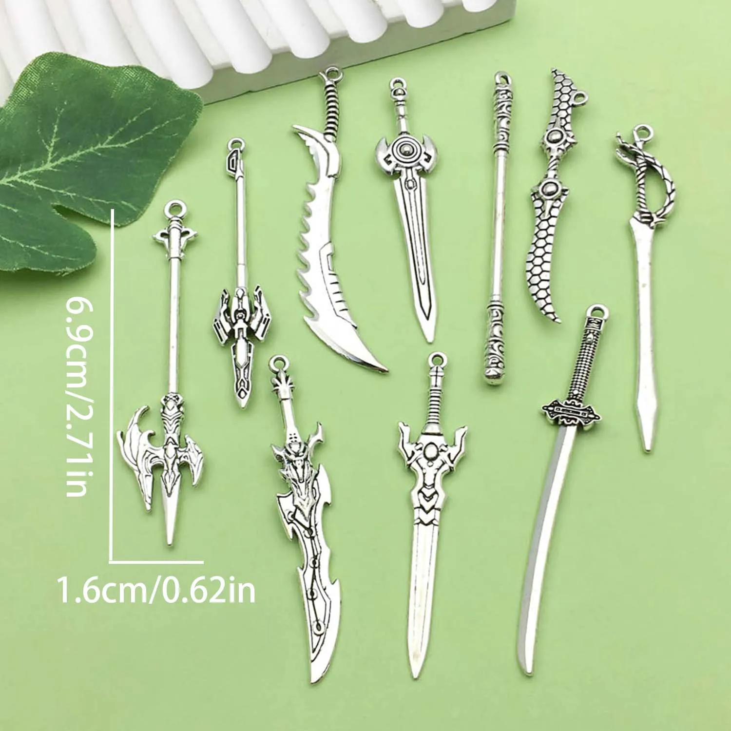 Random 10pcs Antique Silvery Knight Swords, Gun Charms Alloy Metal Weapon Pendants For DIY Jewelry Making Accessories
