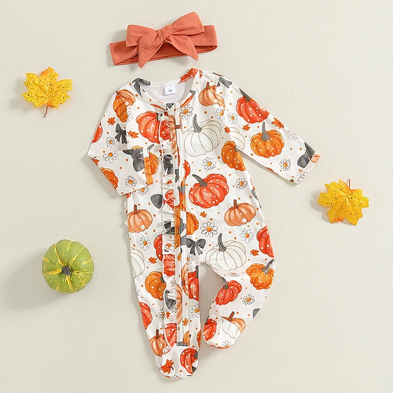 Newborn Baby Girl Clothes Ruffle Baby Sleeper Zipper Footie Romper Playsuit with Headband Outfit Pumpkin Orange Jumpsuits