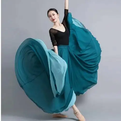 Flamenco Chiffon Dansrok Dames 720 Graden Effen Kleur Lange Rokken Danser Oefenkleding Chinese Stijl Rok met Grote Zoom