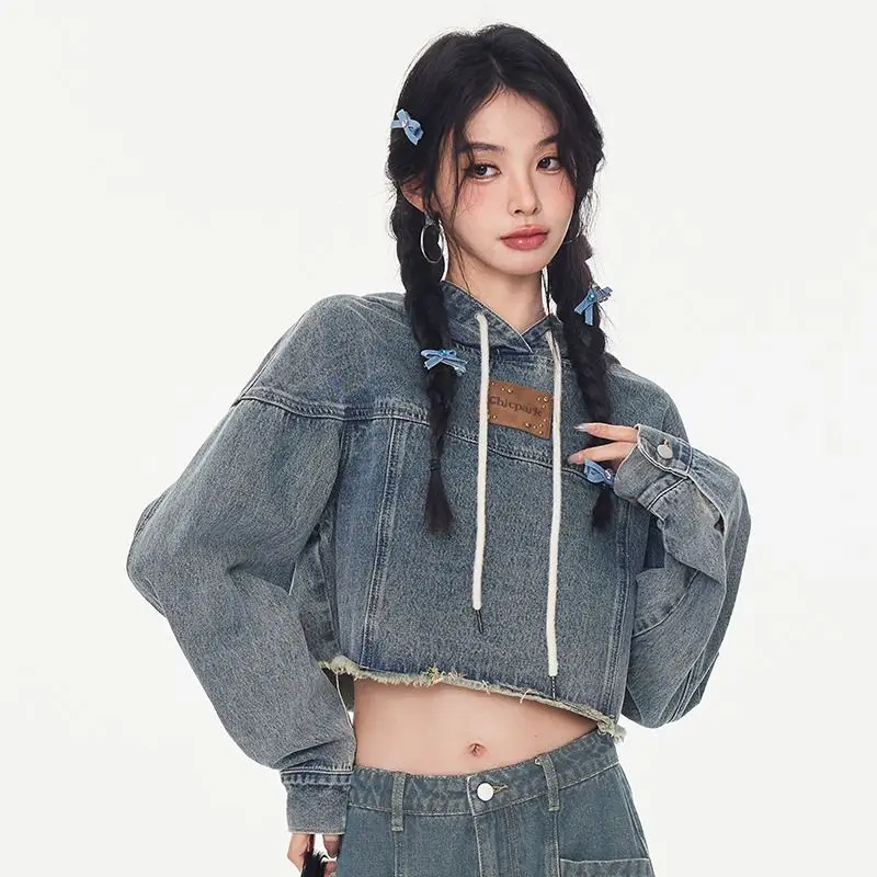 

American Washing Makes Old High Street Denim Tops Sweet And Cool Short Hooded Sweater Women