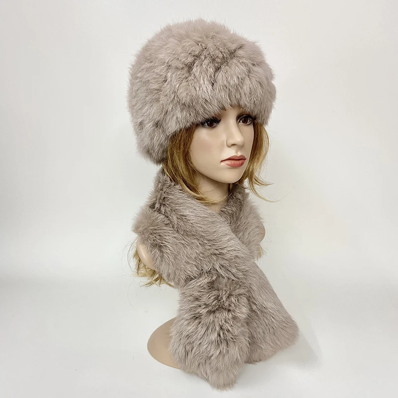 

Winter Warm Rabbit Fur Hat Scarf Set Natural Fur Knitted Shawl High Elastic Women Beanie