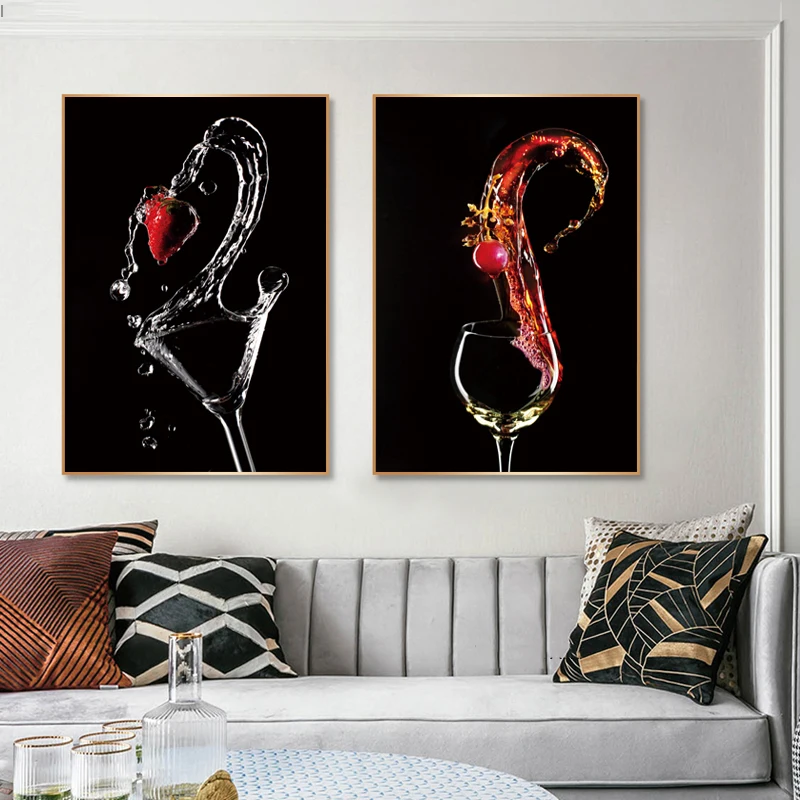 Wall Art Canvas Romantic Wine Glasses Strawberry Pictures Paintin Gallery Poster Print Dining Room Bar Home Decoration Mural