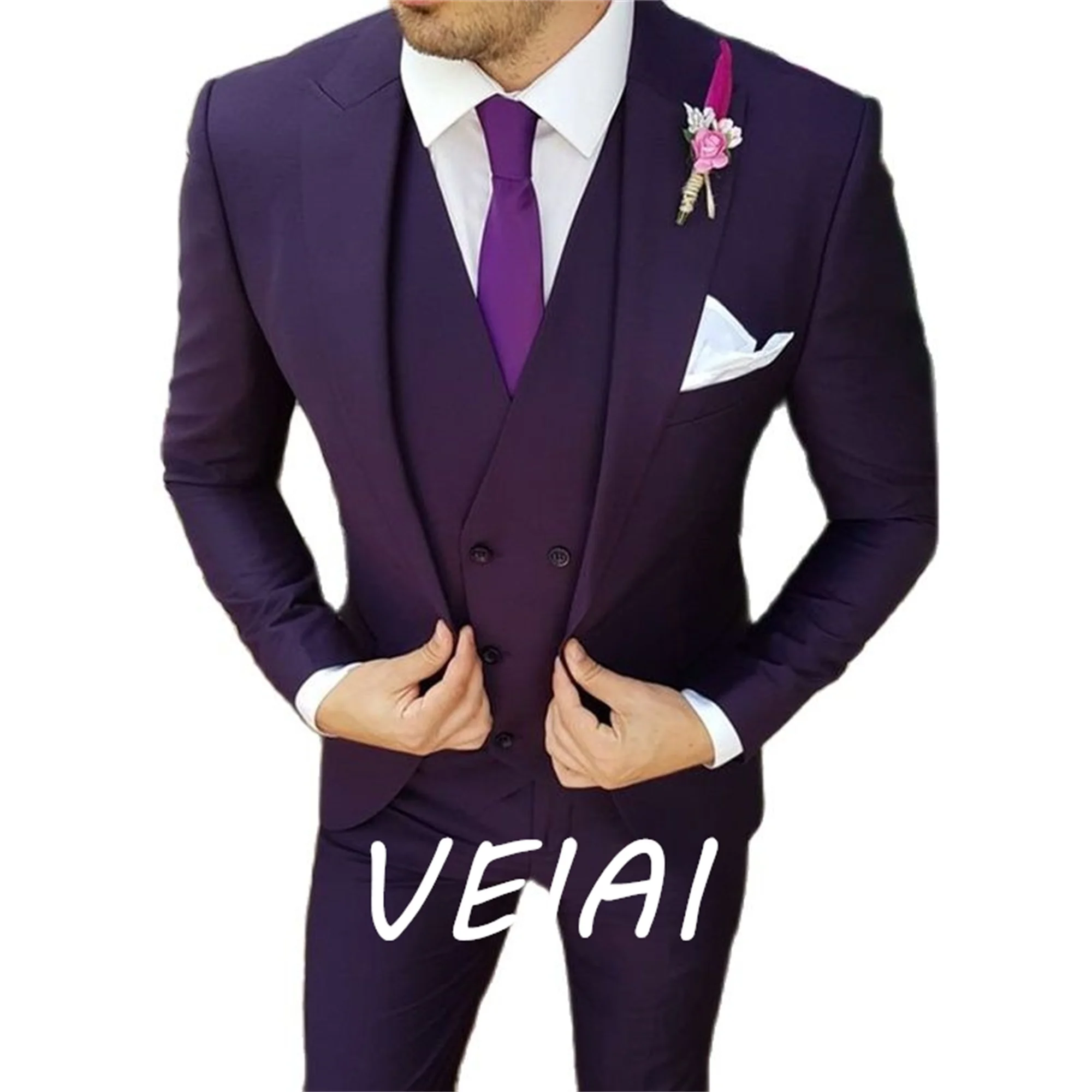 

CustomizedPurple Slim Fit Casual Men Suits for Prom Male Fashion Wedding Tuxedo 3 Piece Set Jacket with Vest Pants Groomsmen Cos