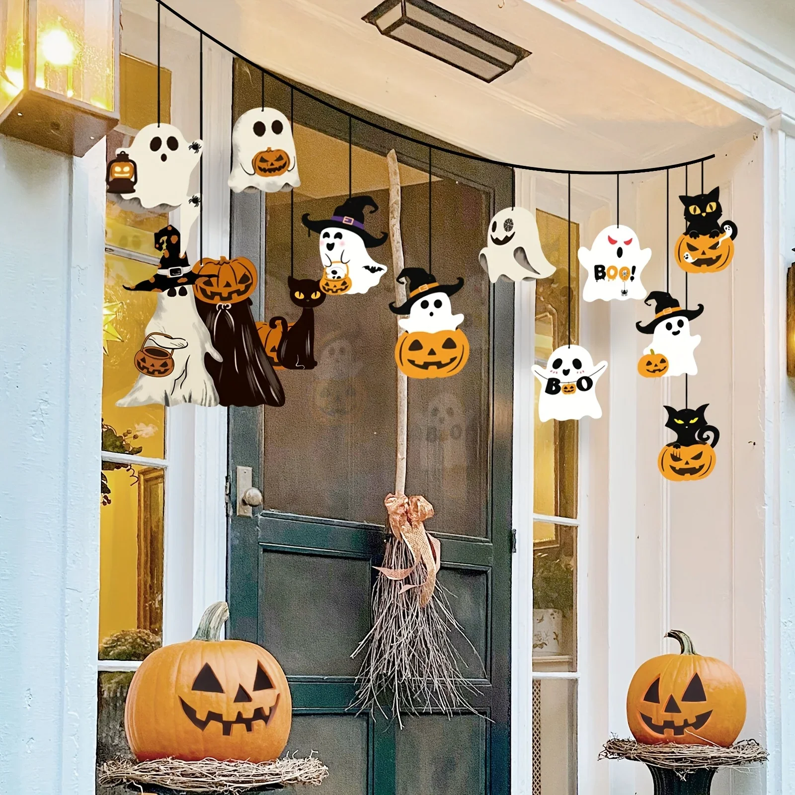 12Pcs Cute Paper Halloween Ghost Decorations Halloween Theme Pumpkin Black Cat Ghost Design Hanging Ornaments Party Supplies