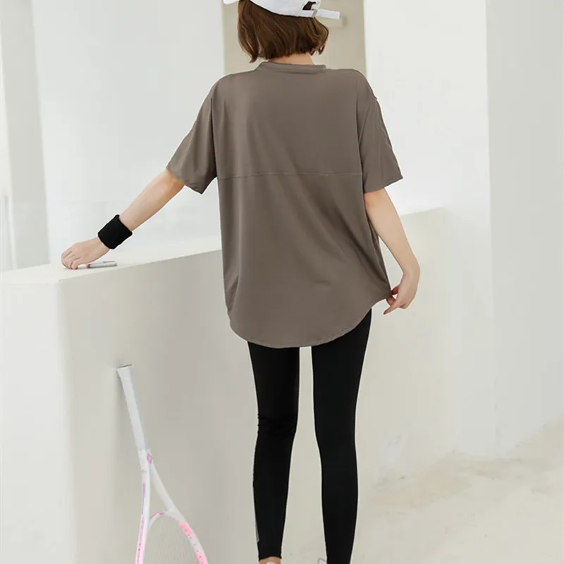 Loose Yoga Wear Quick Dry Women Gym Fitness Yoga T-shirt Pure Color Medium Long Sports Short Sleeve Loose Soft Shirts