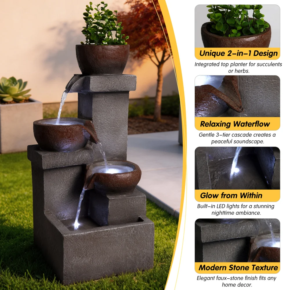 Outdoor Water Fountain Tiered Cascading Jar Waterfall Resin Garden Patio Decor with LED Lights view 5