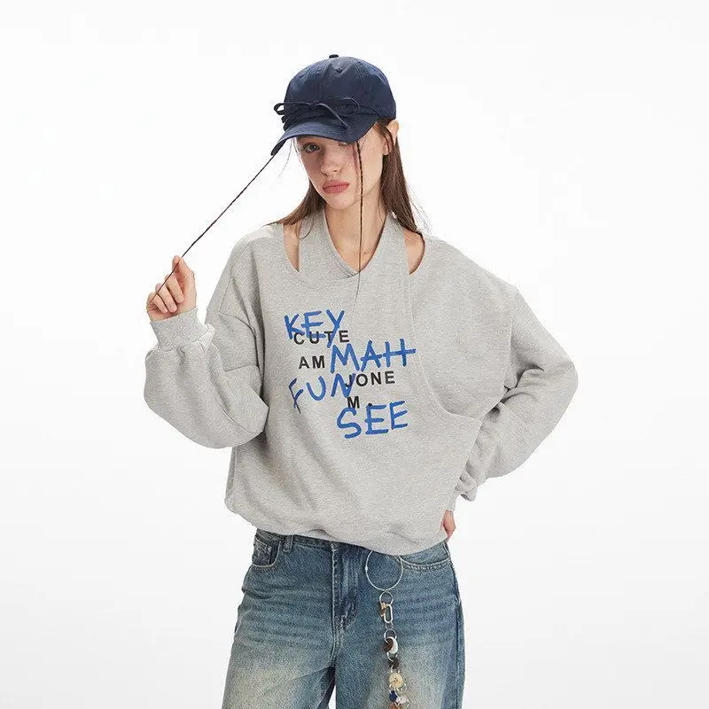 เสื้อสเวตเชิ้ตโอเวอร์ไซส์ผู้หญิง HeyHenry American Sle ดีไซน์แบบไม่มีปก แฟชั่นฤดูใบไม้ร่วง สไตล์ลำลอง แขนยาว ชุดสาวเปรี้ยว