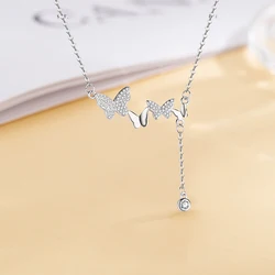 Christmas Gift 925 Sterling Silver sSparkling Diamond Butterfly Necklace Fashionable Tassel Collarbone Chain Birthday Gift Jewel