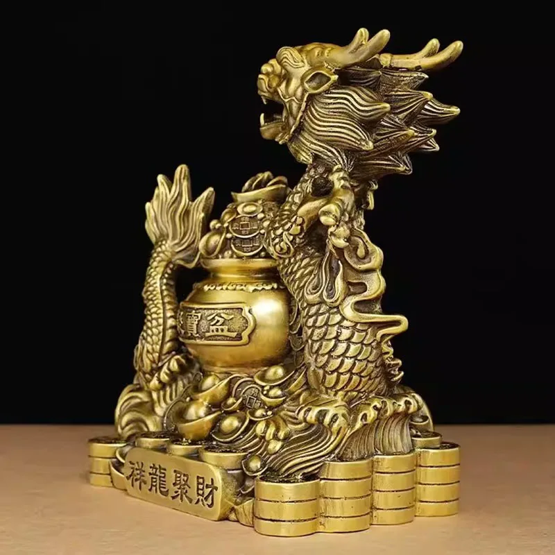Feng Shui Wealth Dragon Statue， Solid Brass Long Sculpture for Wealth Attracting， Chinese Lucky Ornament for Living Room Offic