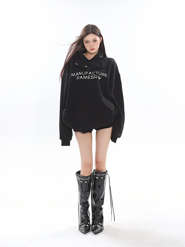 RORORIRI Deconstructed Turtleneck Women Sweatshirt with Hood Oversize Black Long Sleeves Graphic Hoodies Top Grunge Streetwear