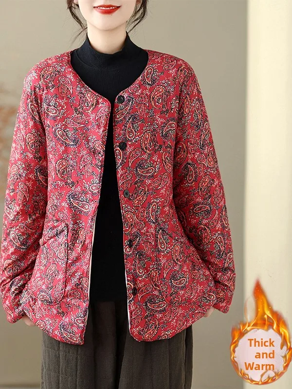 

Loose Fit Printed Cotton Jaet Women's Faionable Oversized Inner Wear Winter Warm Casual Sle Long Sve round Ne Coat