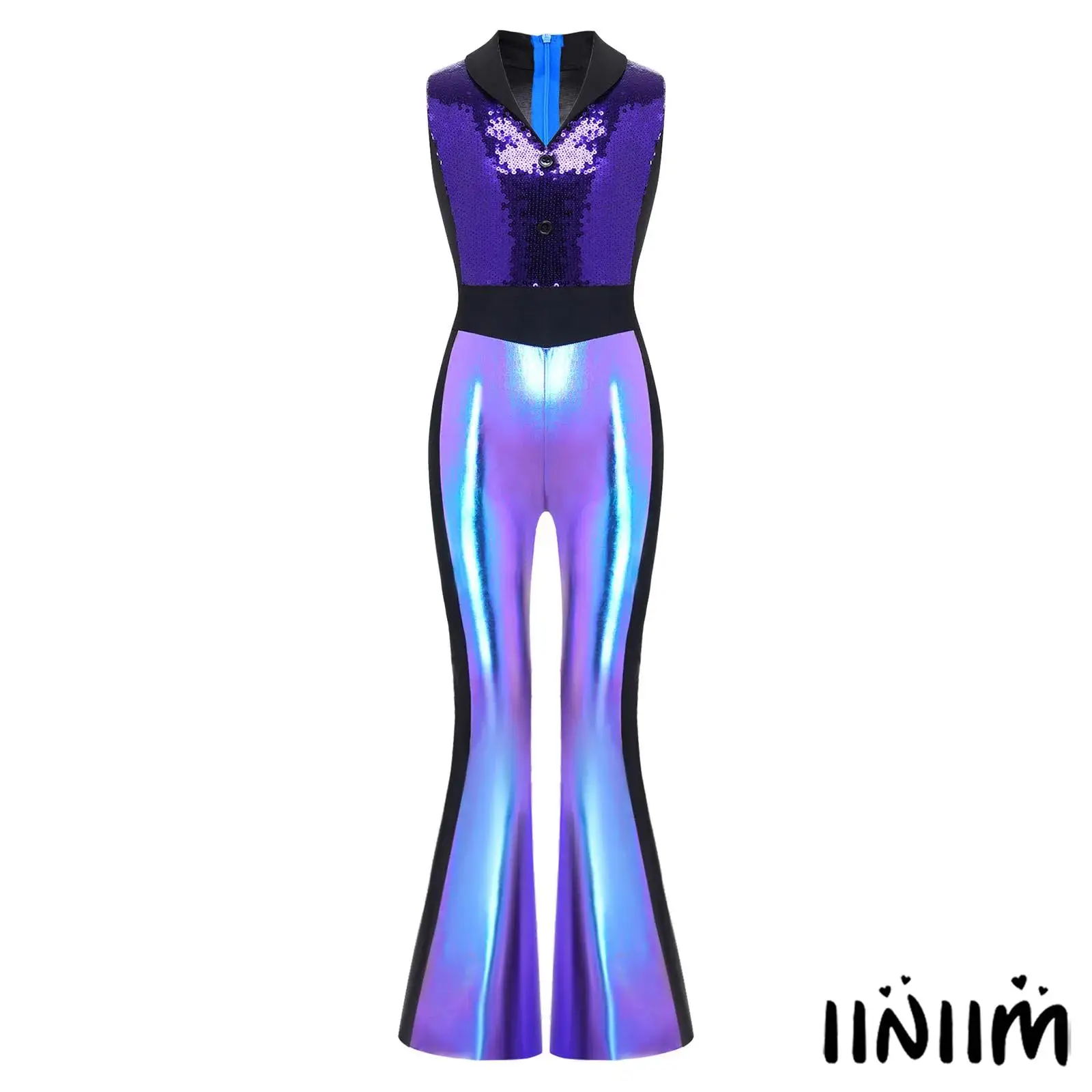 

Kids Girls Metallic Shiny Rompers Bodysuit Lapel Sleeveless Sequined Bodice Bell Bottom Flared Jumpsuit for Jazz Dance Party