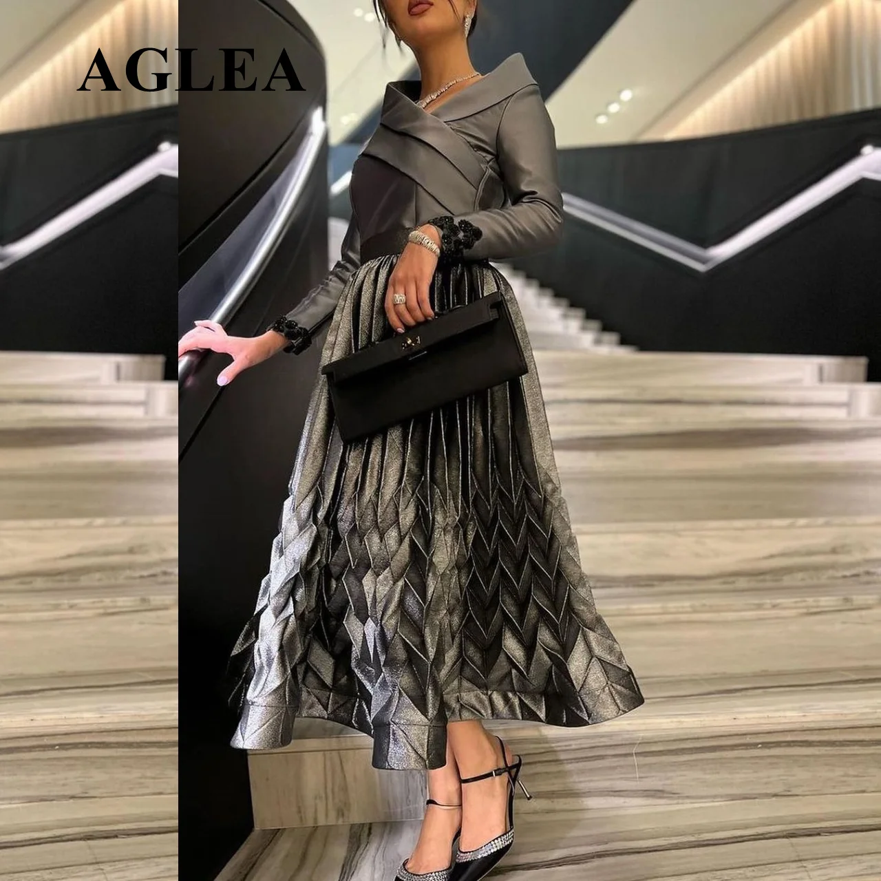 AGLEA 2024 Vintage Formal Occasion Dresses A-line V Neck Long Sleeves Pleated Beaded Ankle Length Women Prom Evening Dress