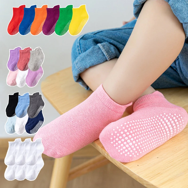 6 par/lote de calcetines náuticos antideslizantes de algodón para niños de 0 a 6 años, calcetines de corte bajo para niños y niñas con empuñaduras de goma para las cuatro estaciones