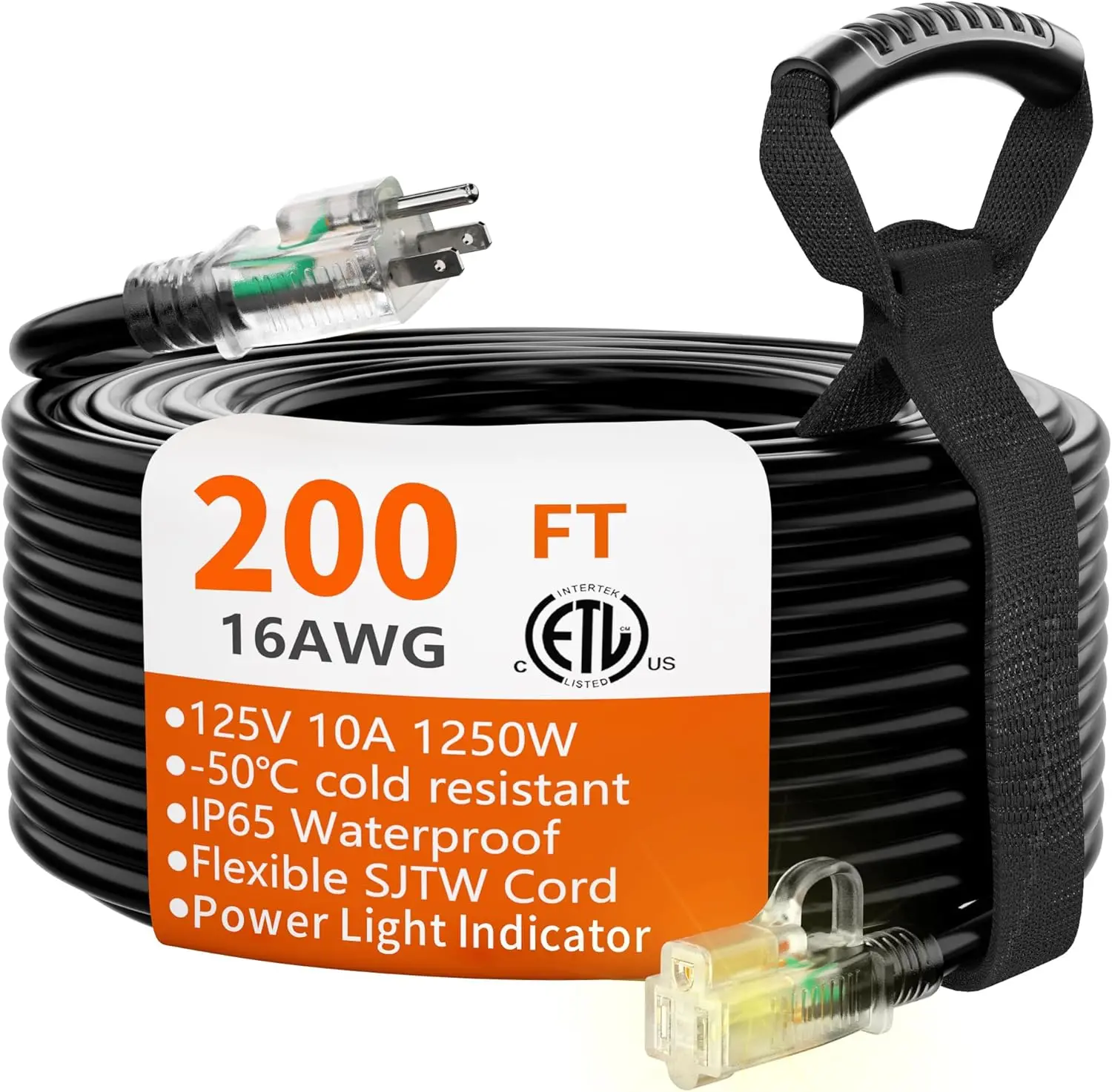 

Waterproof with Lighted end, Flexible Cold-Resistant 3 Prong Long Black Extension Cord Outside, 10A 1250W 16AWG SJTW, ETL