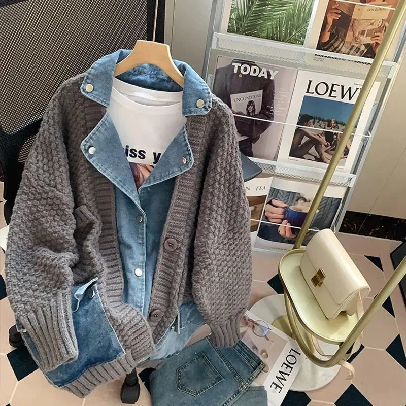 

Fat mm200 Pounds Vintage Denim Patchwork Sweater Coat ins Fashion Woman 2023 Autumn Winter New Thickened Loose Niche Cardigan