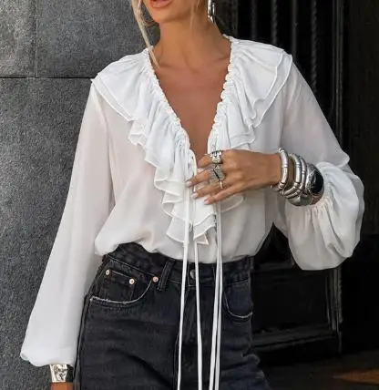 

Loose V-Neck Pleated Lace Up Long Sleeved Shirt with Fashionable Lantern Sleeves, Simple Commuting Solid Color Chiffon Shirt Top