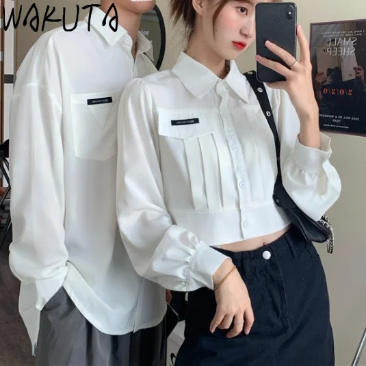 WAKUTA Couples White Blousea and Tops Loose All Match Korean Fashion Design Long Sleeve Turn Down Neck Shirts Elegant Simple