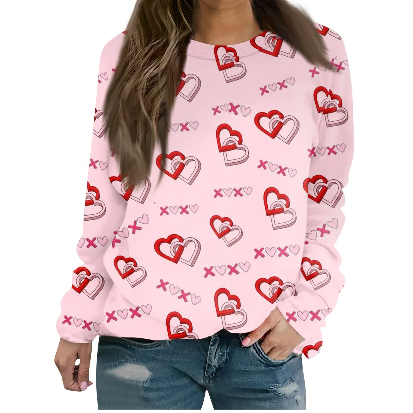 قطع علوية برقبة مستديرة للنساء ، قطع علوية بأكمام طويلة ، بلوفرات مطبوعة الحب ، تي شيرت عادية أحادية اللون ، غير رسمي وعصري ، عيد الحب