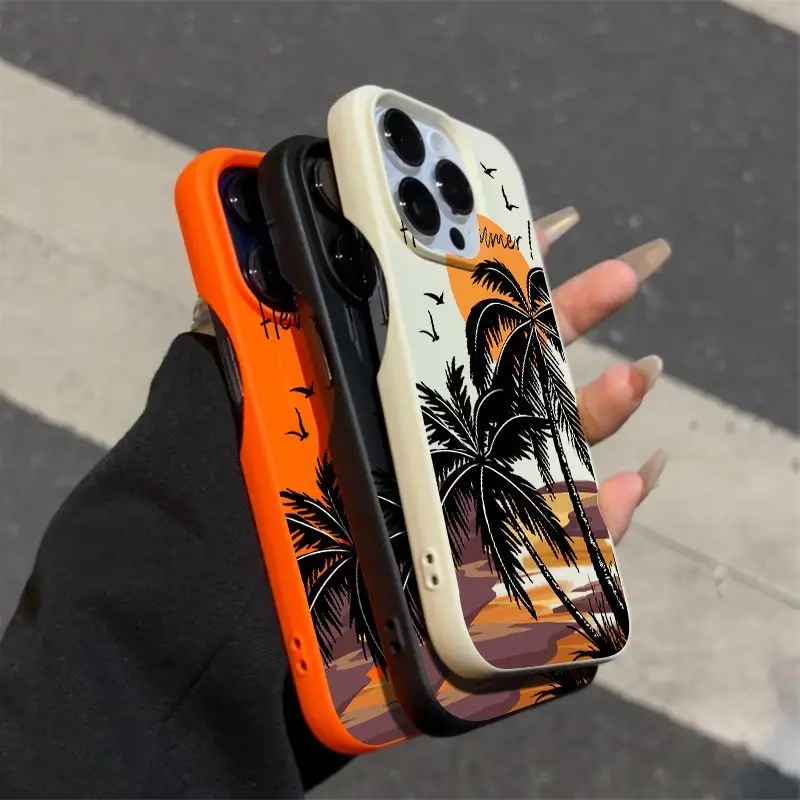 Summer Sunset Coconut Tree For IPhone 17 16 15 Pro Max Phone Case Borderless 14pro 13 Anti fall 12 11 Soft High-quality Cover