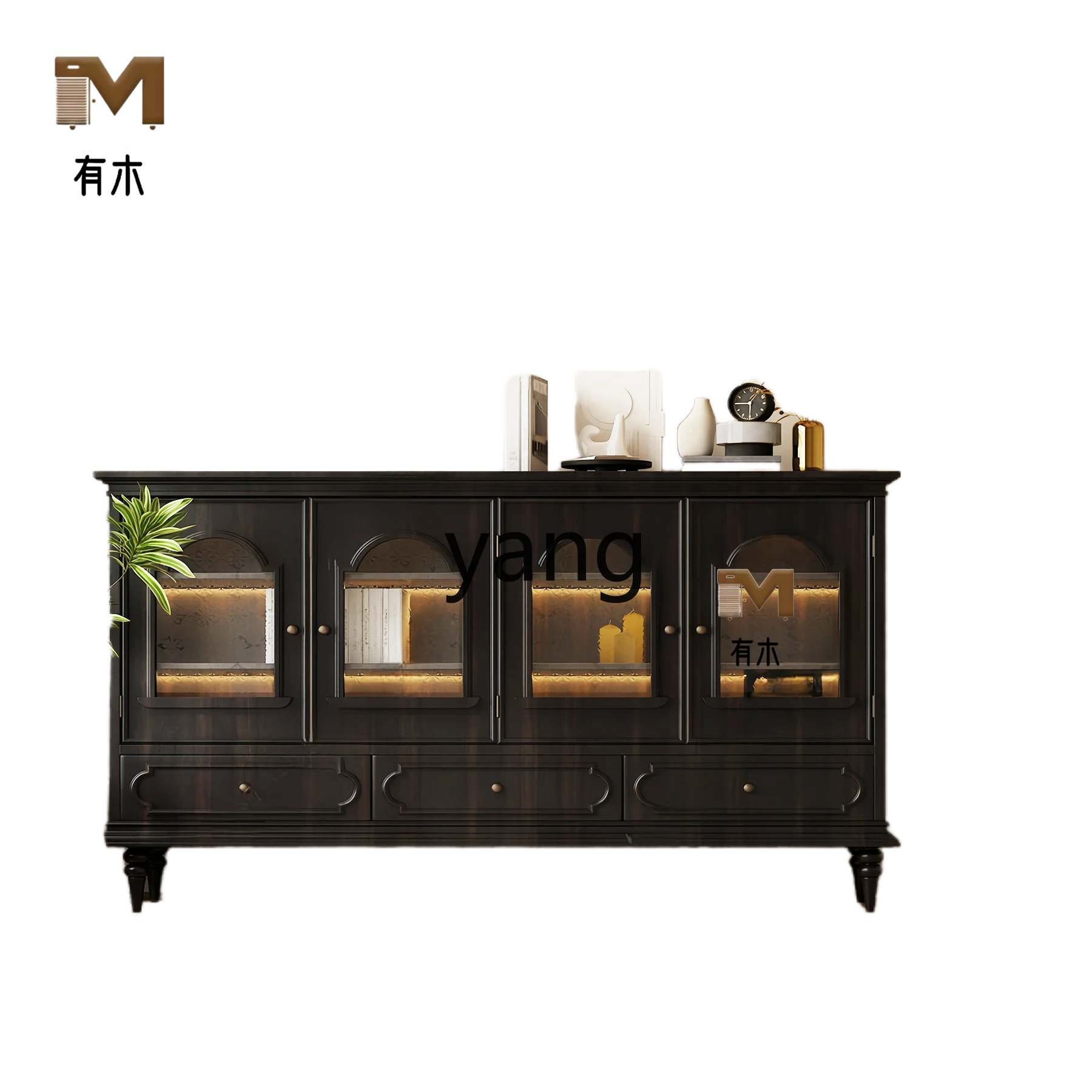 YJQ New Chinese Style Sideboard Entryway Cabinet Solid Wood Black Storage Living Room Modern French Retro Decorative Cabinet