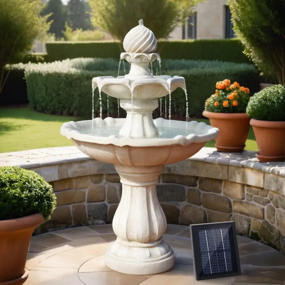 &Solar Water Feature 3 Tier Fountain with Pump Kit Bird Bath 93CM Ivory Garden Outdoor