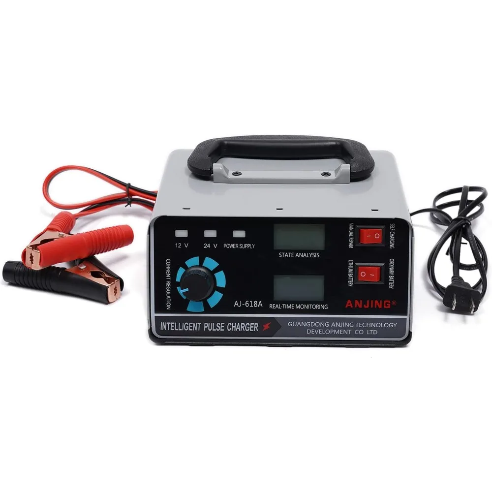 

Зарядное устройство для автомобильных аккумуляторов AJ-618A 400 Вт, 110-250 В, вилка стандарта США - металлический корпус, для литиевых/свинцово-кислотных аккумуляторов 12В/12В-24В, 5-ступенчатая импульсная зарядка с автоотключением