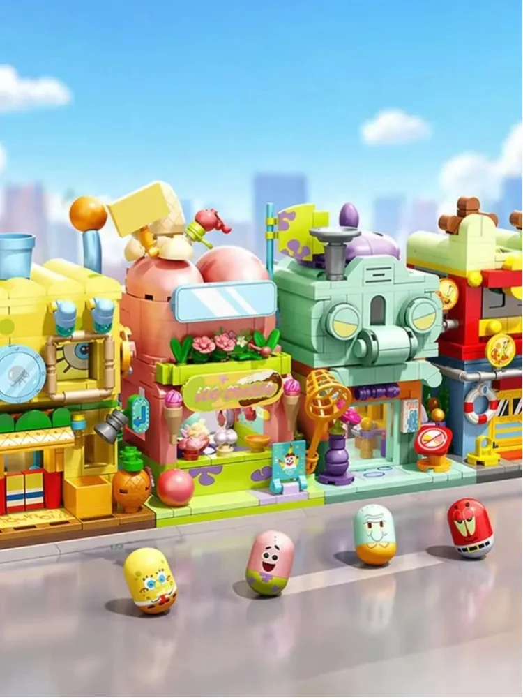 Klemmbausteine SpongeBob Schwammkopf Doppelstöckiges Straßenansicht-Baustein-Set Cartoon Kreatives Montagemodell SpongeBob Bausteine Puzzle Kreative Spielzeuge DIY Geschenke