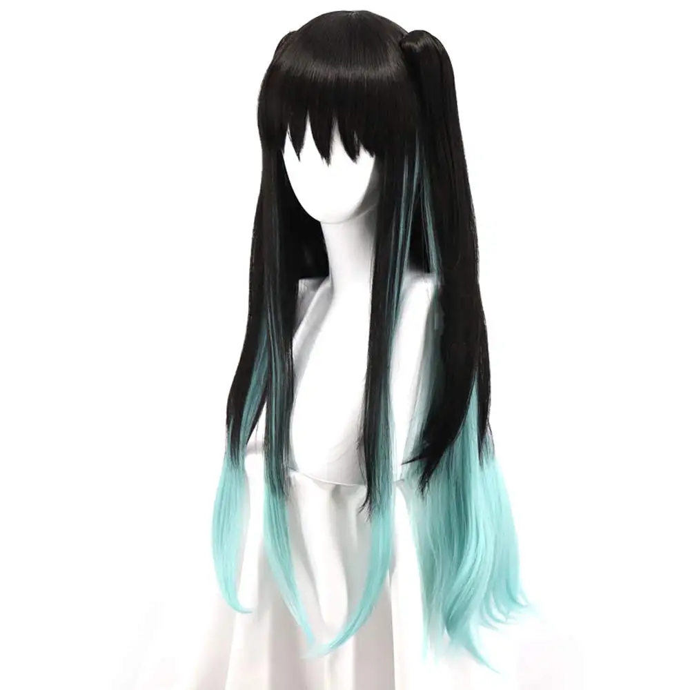 Peruki Tokitou Muichirou Anime Demon Slayer Kimetsu No Yaiba Cosplay Czarno-Niebieski Gradient Długie Proste Peruki Męskie Damskie Odporne na Ciepło