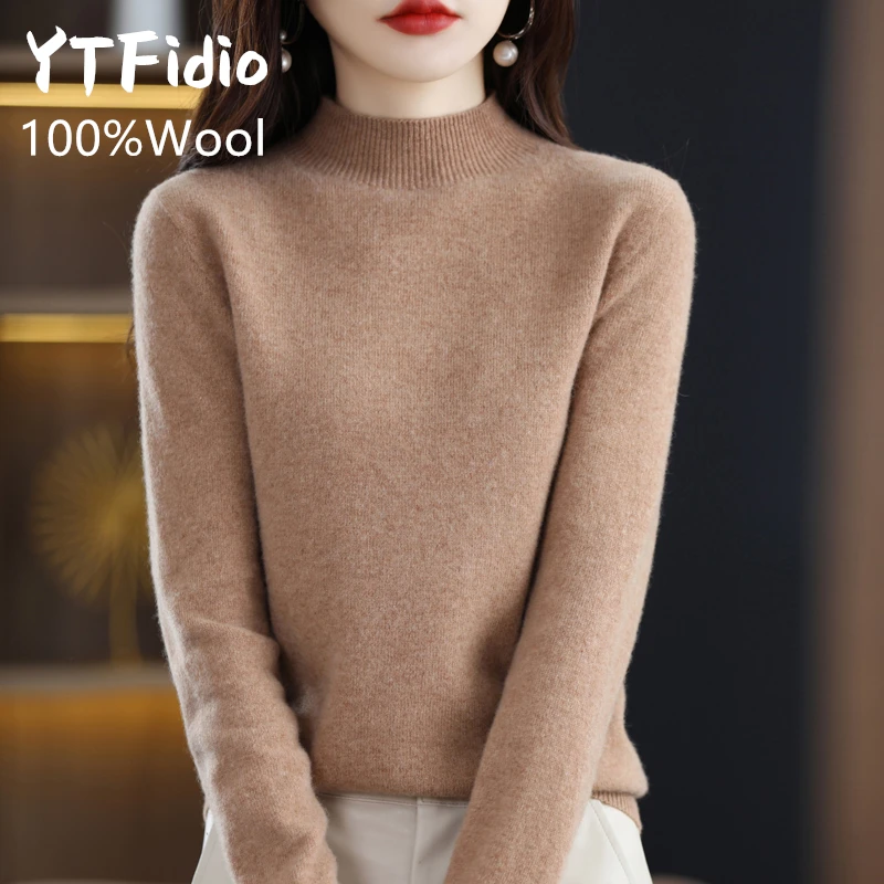 YTFidio 100% Wool Women Half High Collar Solid Slim Tops Outerwears Knitted Pullover  Office Lady Solid Elastic Pullover 88