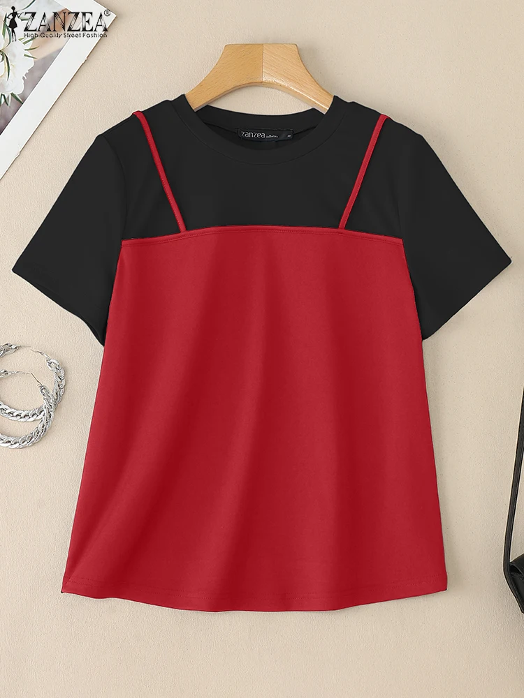ZANZEA Estate Elegante Manica Corta Patchwork Top Donna Falso Camicette in Due Pezzi Camicia da Lavoro Casual Vacanza Femminile Blusas Oversize