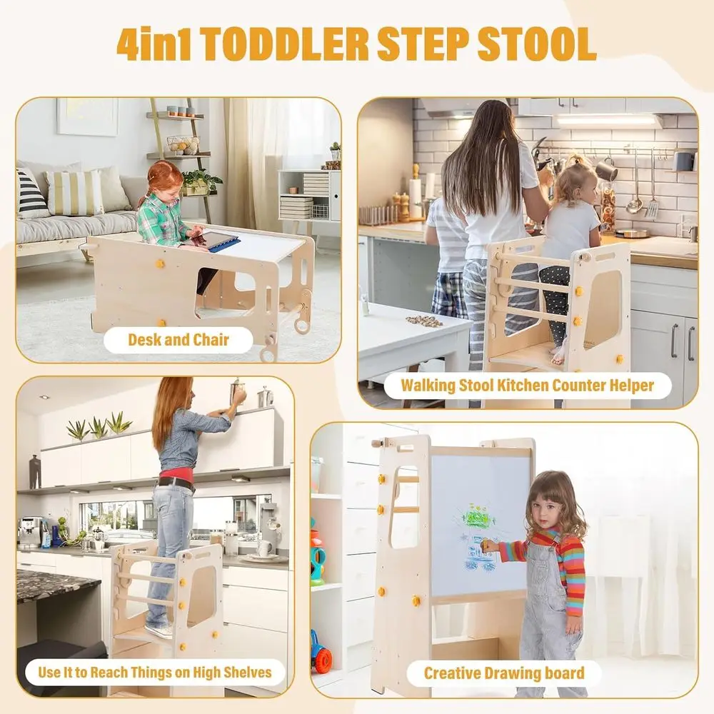 4-in-1 Adjustable Toddler Kitchen Helper with Whiteboard, Step Stool, Table, and Chair