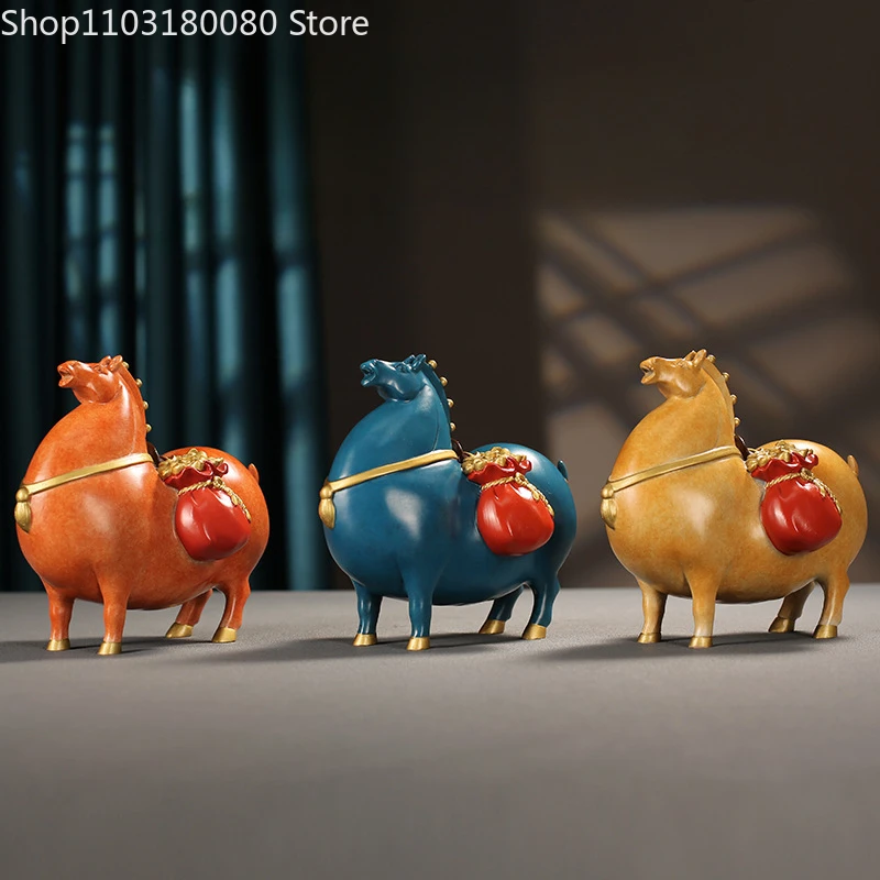 

13.5cm 16.9cm Colourful Copper brass Money on the horse statue Lucky gift Chinese home decor