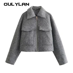 Oulylan Autumn Winter Cropped Jacket for Women Short Coat Tweed Jacket Zip Crop Demi-season Jacket Woman outerwears