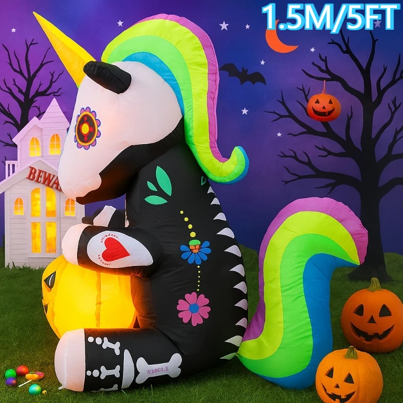 

1.5M/5FT Inflatable Toy Halloween Skeleton Unicorn Pumpkin Built-in LED Lights Christmas Supplies for Outdoor Yard Inflatable