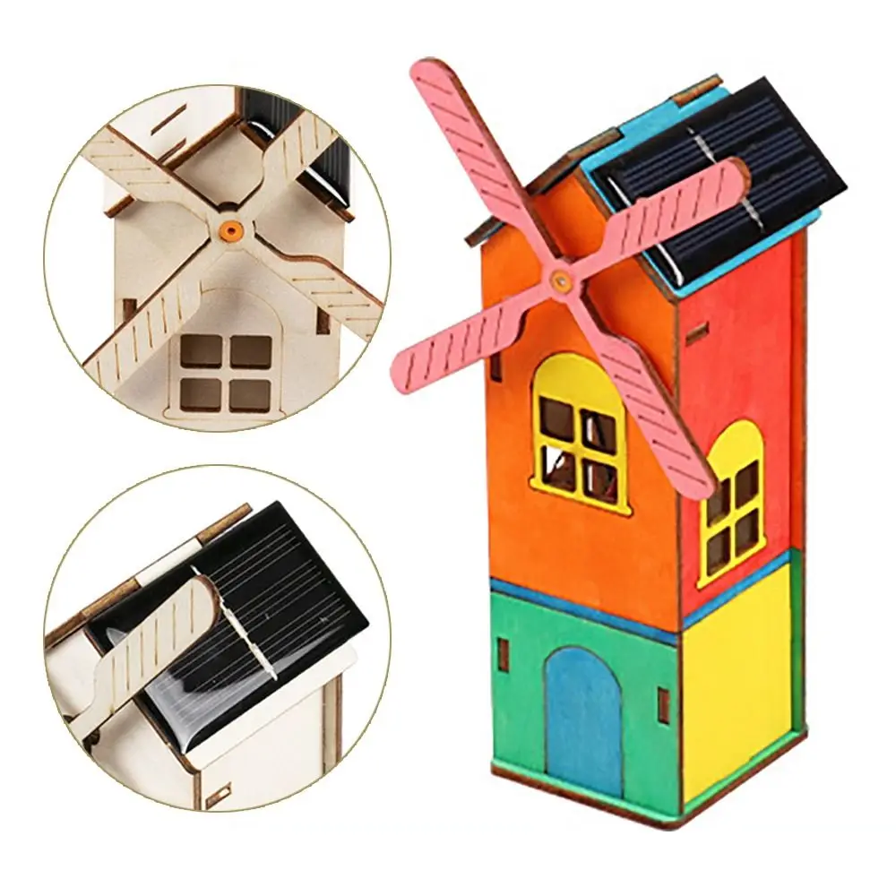 

Funny Wooden Solar Windmill Solar Powered Manual Assembly DIY Assembly Kits Experiments Assembly Model Children Learning