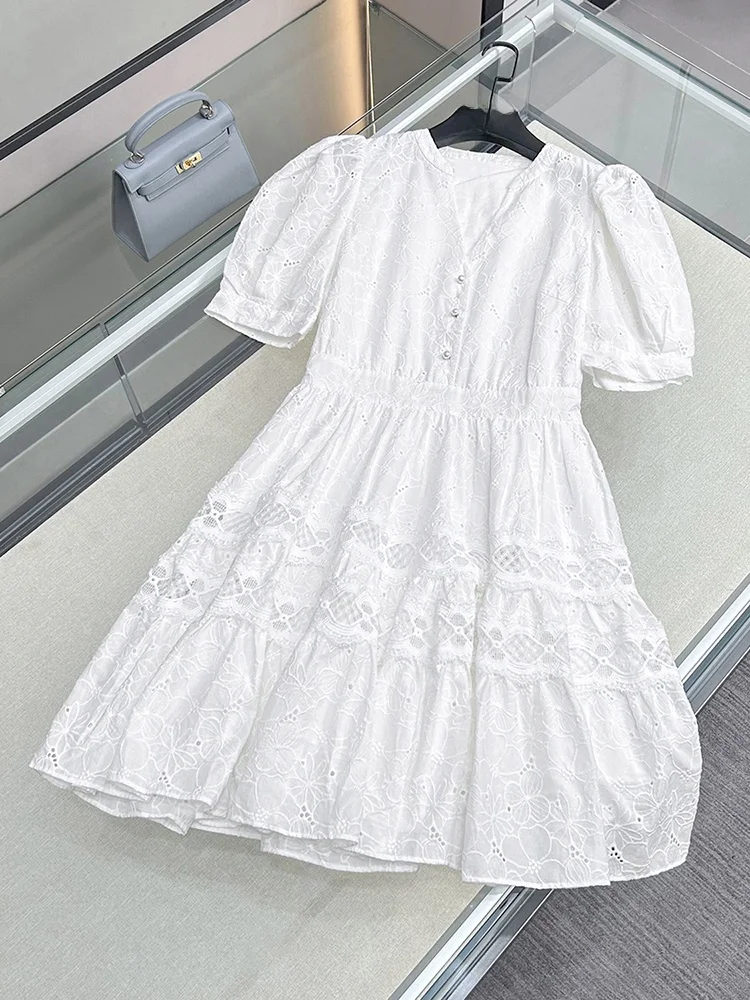 

High-End Women's Lace Hollow out Bordered V-Neck Dress Summer New Arrival by Nan You Commute Style High Waist A-Line Skirt