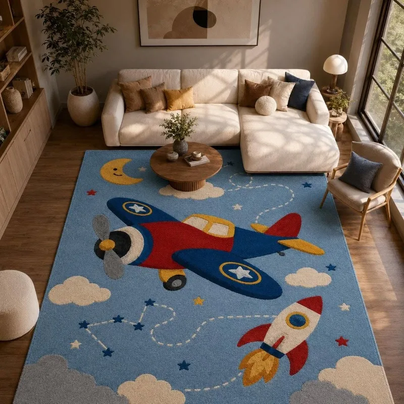 Living Room Rug Retro Biplane Airplanes Printed Large Rectangular Carpet Fiery Space Rocket For Apartment Playroom Sofa