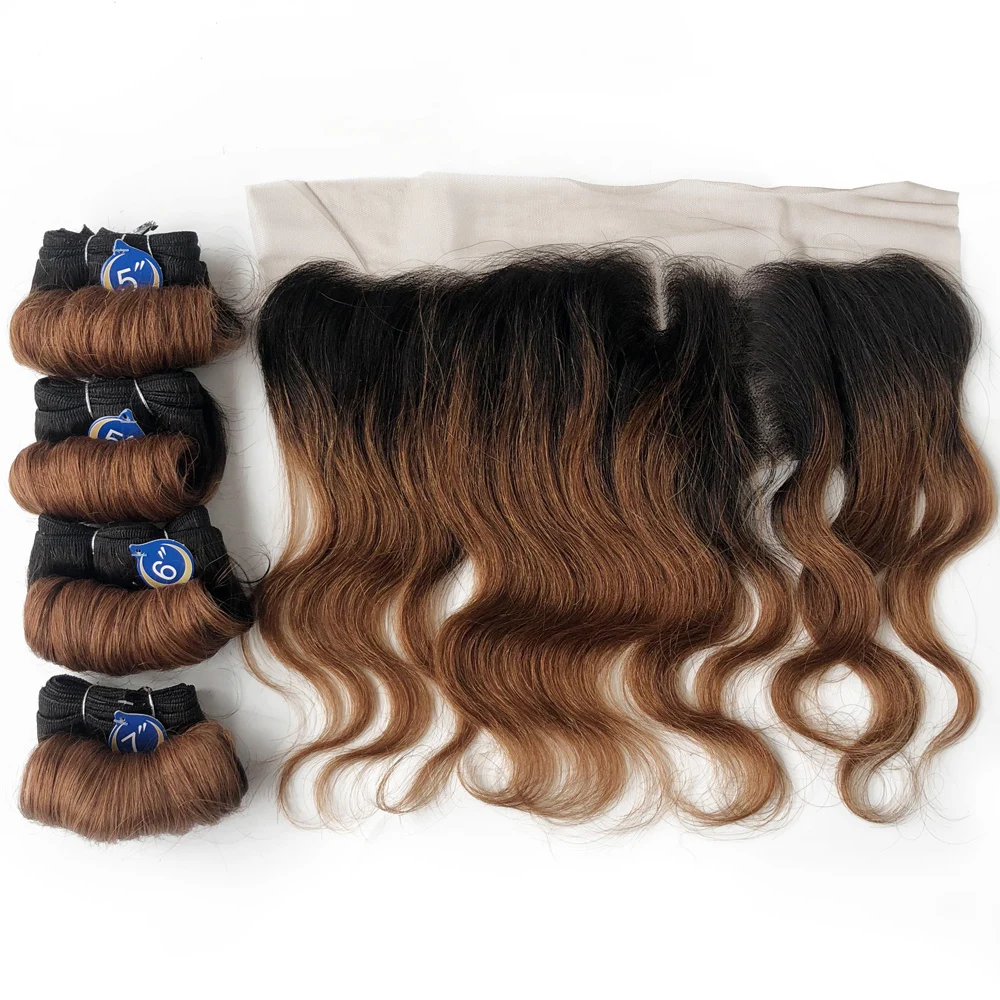 Brazilian Curly Bundles With Frontal 1B/27/30/99J Ombre Bundles With Closure Remy Human Hair Lace Closure Frontal