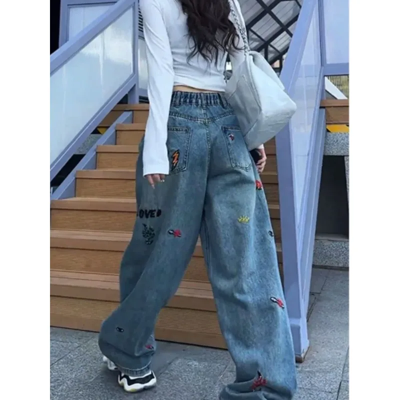 European-style Embroidered Jeans Bestseller Women Autumn Large-sized Pear-shaped Slimming Wide-leg Pants with A Drooping Effect