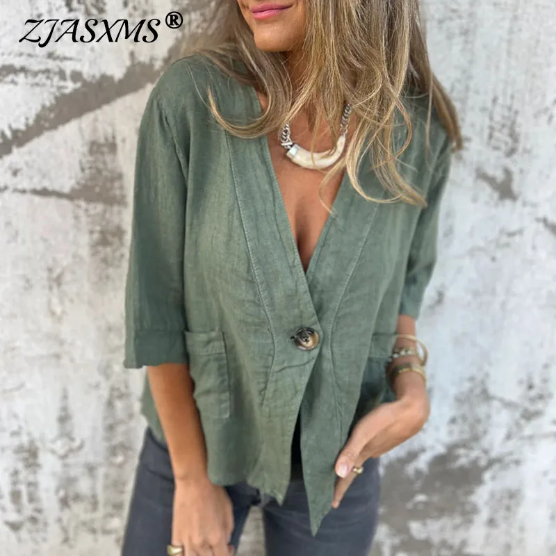 Simples vintage com decote em v algodão linho casaco elegante único botão mulher topos cardigan outono meia manga blusa camisa harajuku mujer