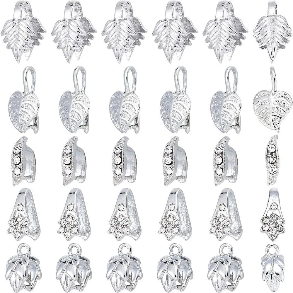 30Pcs Brass Pendant Pinch Bails 5 Style Rhinestone Ice Pick Pinch Bails Platinum Snap On Jewelry Clasp Bails Clasp for Jewelry