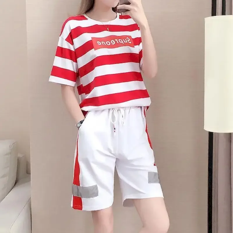 Cotton-containing Suit Women's 2024 Summer New Striped Loose Age-reducing Outer Wear Casual Sportswear Two-piece T Shirt Women