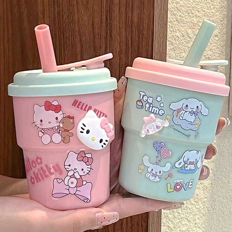 Cute Hello Kitty Straw Cup 420ML Large Capacity Plastic Coffee Cup Fashion Cartoon Sanrio Water Bottle Birthday Gift For Friends