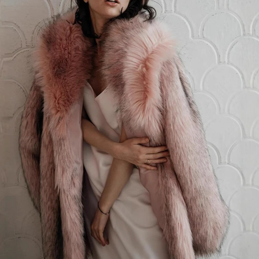 معاطف من الفرو الصناعي الوردي سترات نسائية متوسطة الطول معطف سميك دافئ ملابس الشارع سترات عمل ملابس خارجية غرزة مفتوحة للخريف والشتاء #3