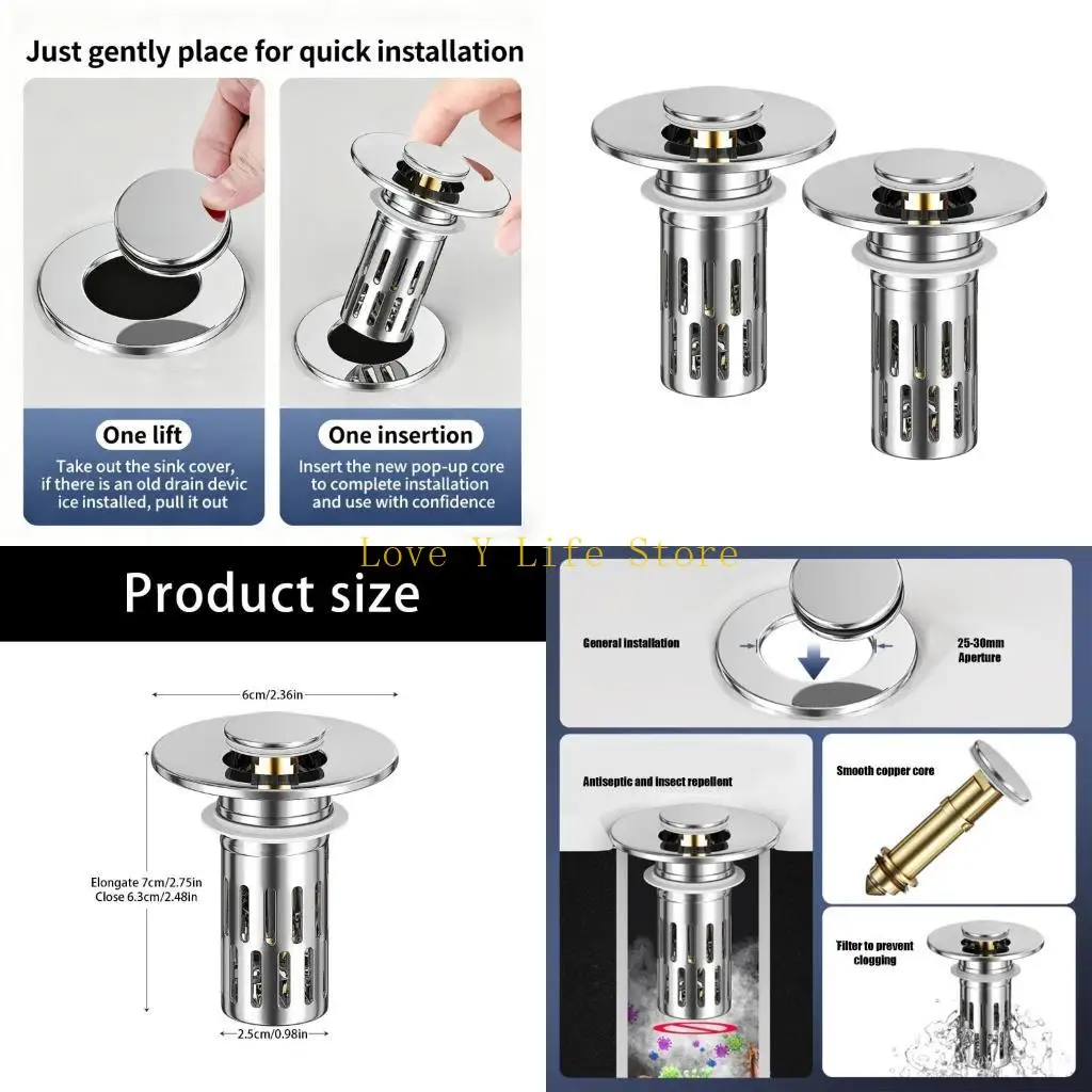 

L74C, 2 упаковки, быстросъемные пробки для слива раковины, выскакивающие стили, долговечность, металл