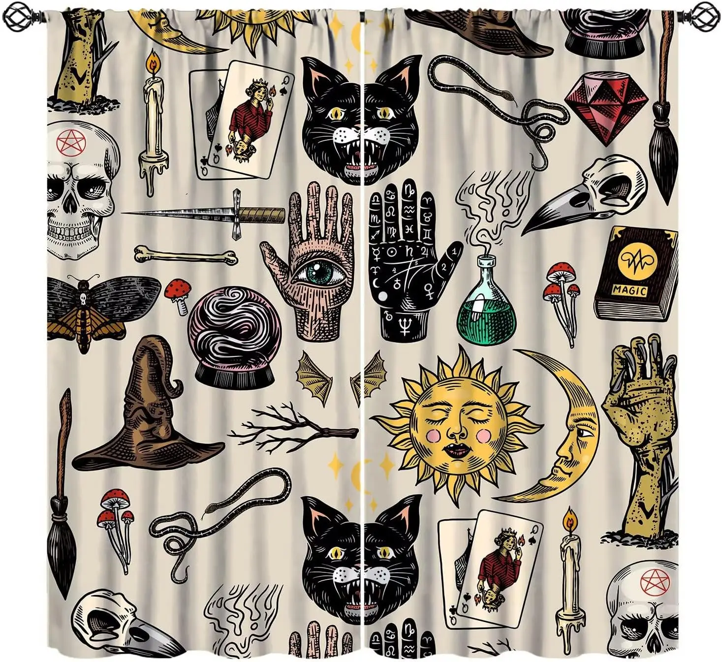 Gothic Blackout Curtains,Colorful Tarot Boho Palmistry Mysterious Black Cat Horror Magic Spooky Skull Pattern Drapes Window