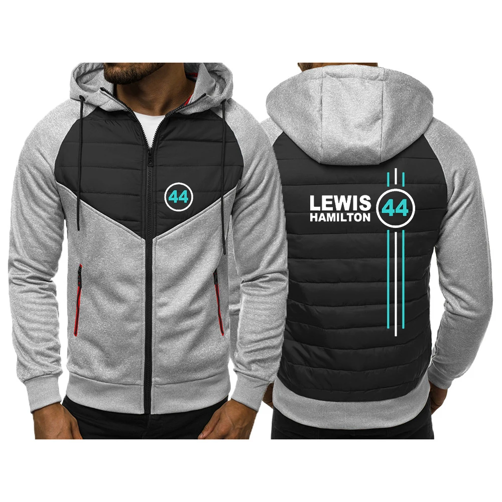 F1 Driver Lewis Hamilton Digital 44 Men's zipper hooded Stitching New winter printing Cotton-padded jacket Stylish clothing